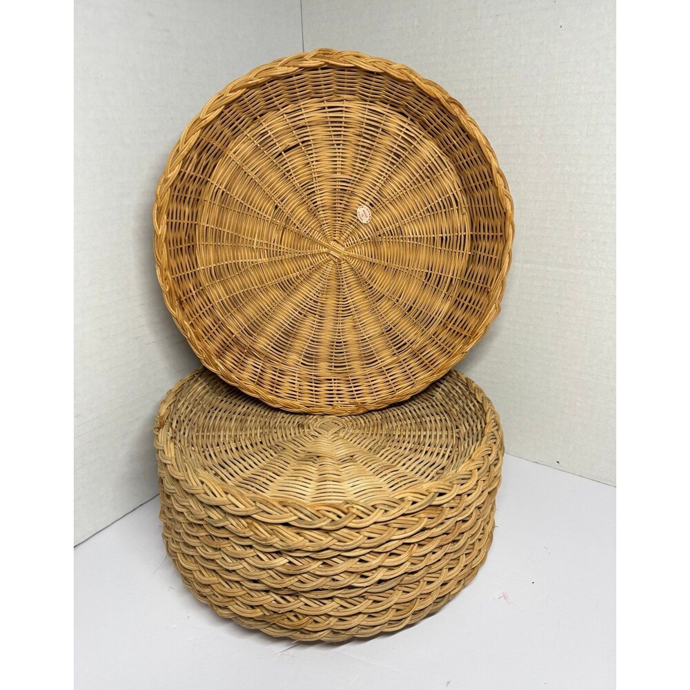 Rattan Woven Wicker Round Paper Plate Holders Set w/ 15 (Box 9)